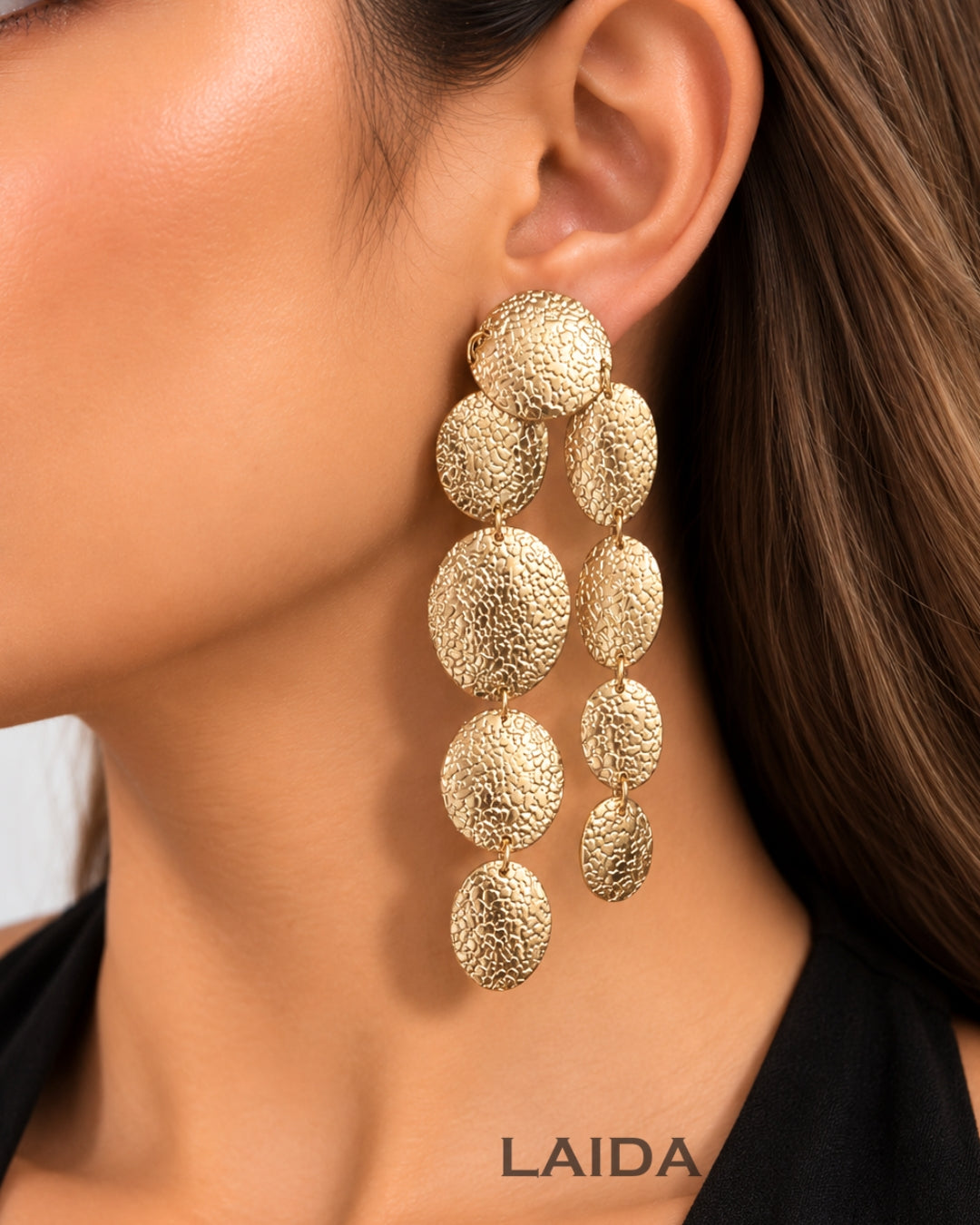 Golden Oval Texture Statement Drop Earrings