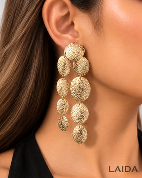 Golden Oval Texture Statement Drop Earrings