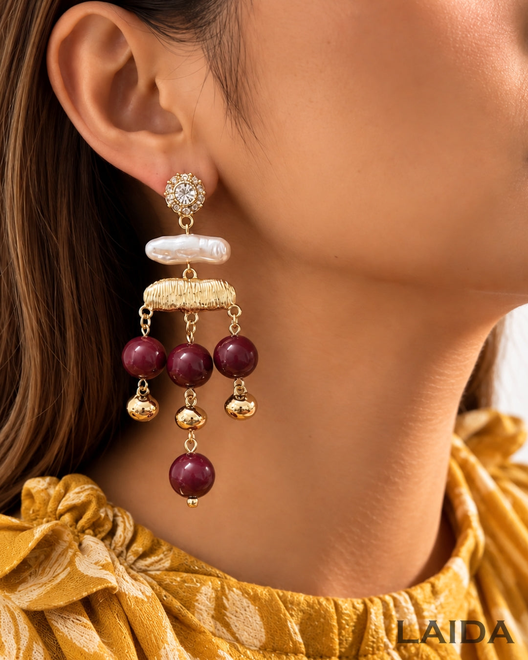 Maroon Pearl Chandelier Drop Earrings