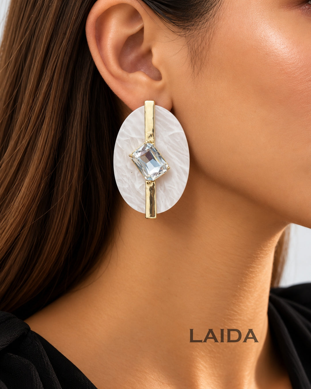 White Resin Square Rhinestone Studded Drop Earrings