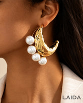 Golden Big Pearl Moon Drop Earrings