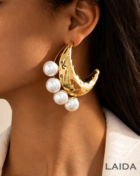 Golden Big Pearl Moon Drop Earrings