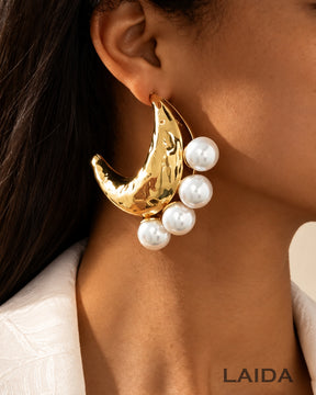 Golden Big Pearl Moon Drop Earrings