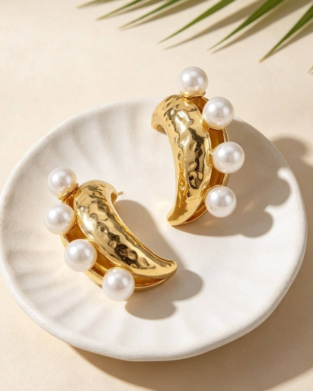 Golden Big Pearl Moon Drop Earrings