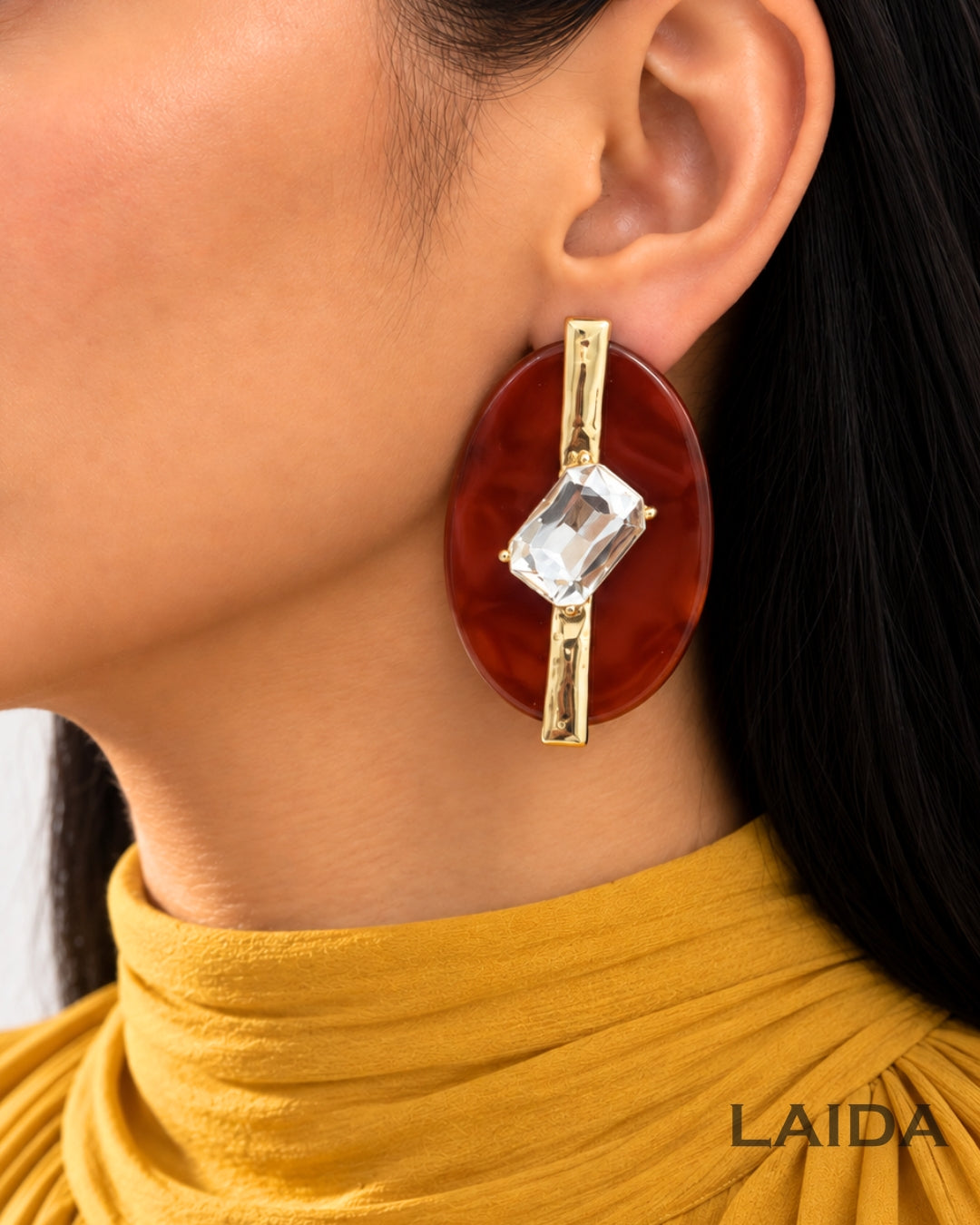 Brown Resin Square Rhinestone Studded Drop Earrings