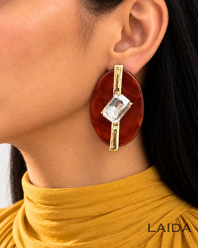 Brown Resin Square Rhinestone Studded Drop Earrings