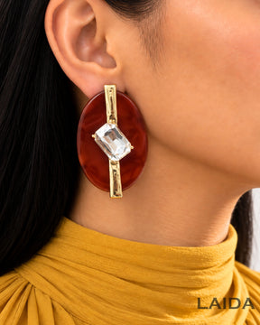 Brown Resin Square Rhinestone Studded Drop Earrings