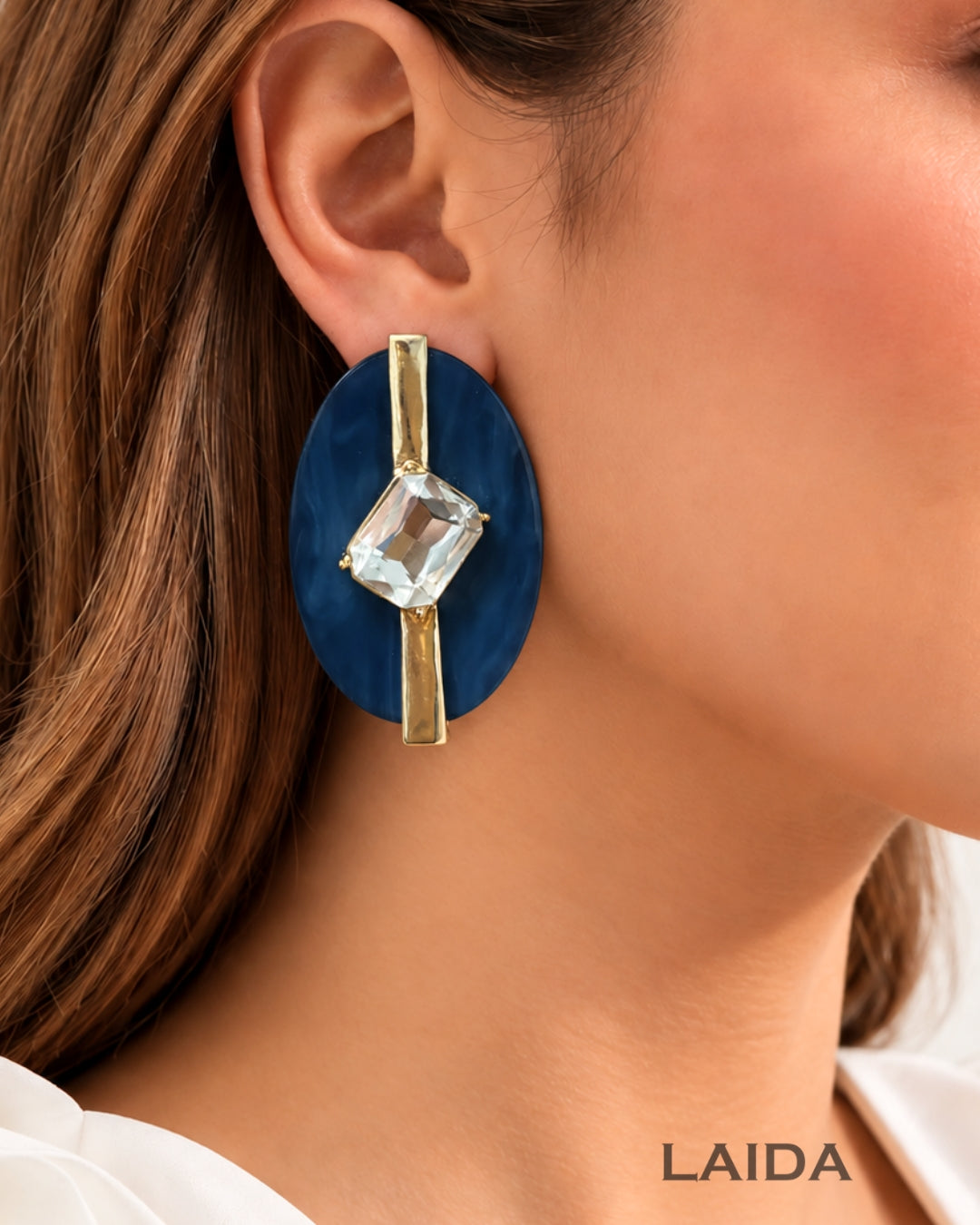 Blue Resin Square Rhinestone Studded Drop Earrings