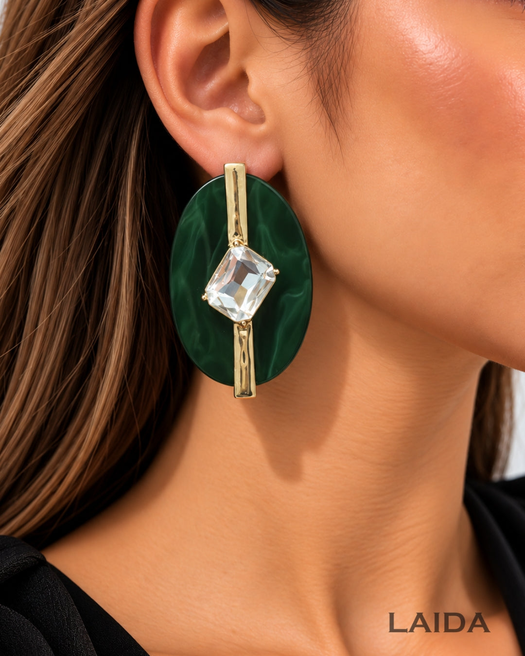 Green Resin Square Rhinestone Studded Drop Earrings