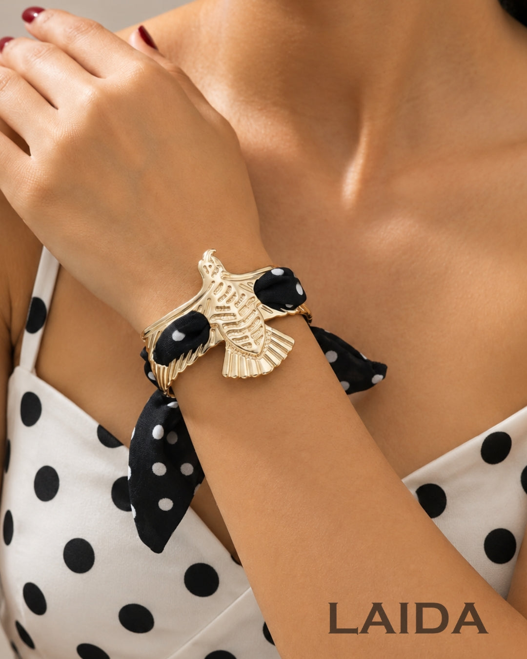 Black Polka Dot Golden Bird Scarf Bracelet