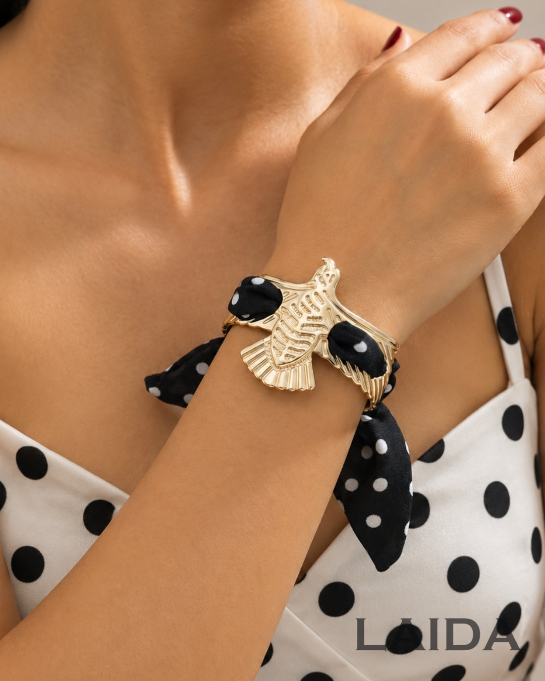 Black Polka Dot Golden Bird Scarf Bracelet