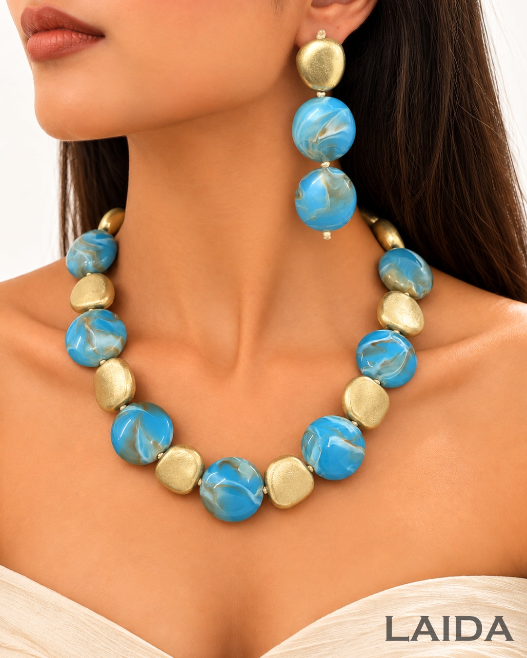 Turquoise Gemstone Statement Necklace With Earrings