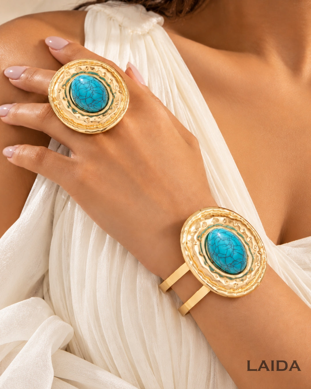 Retro Turquoise Pearl Handcuff With Finger Ring