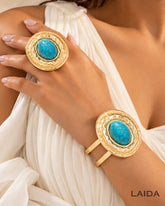 Retro Turquoise Pearl Handcuff With Finger Ring