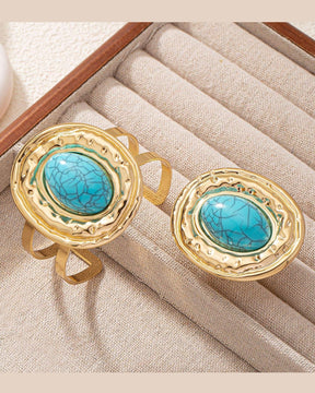 Retro Turquoise Pearl Handcuff With Finger Ring