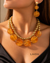 Resin Double Layer Brown Statement Necklace With Earrings