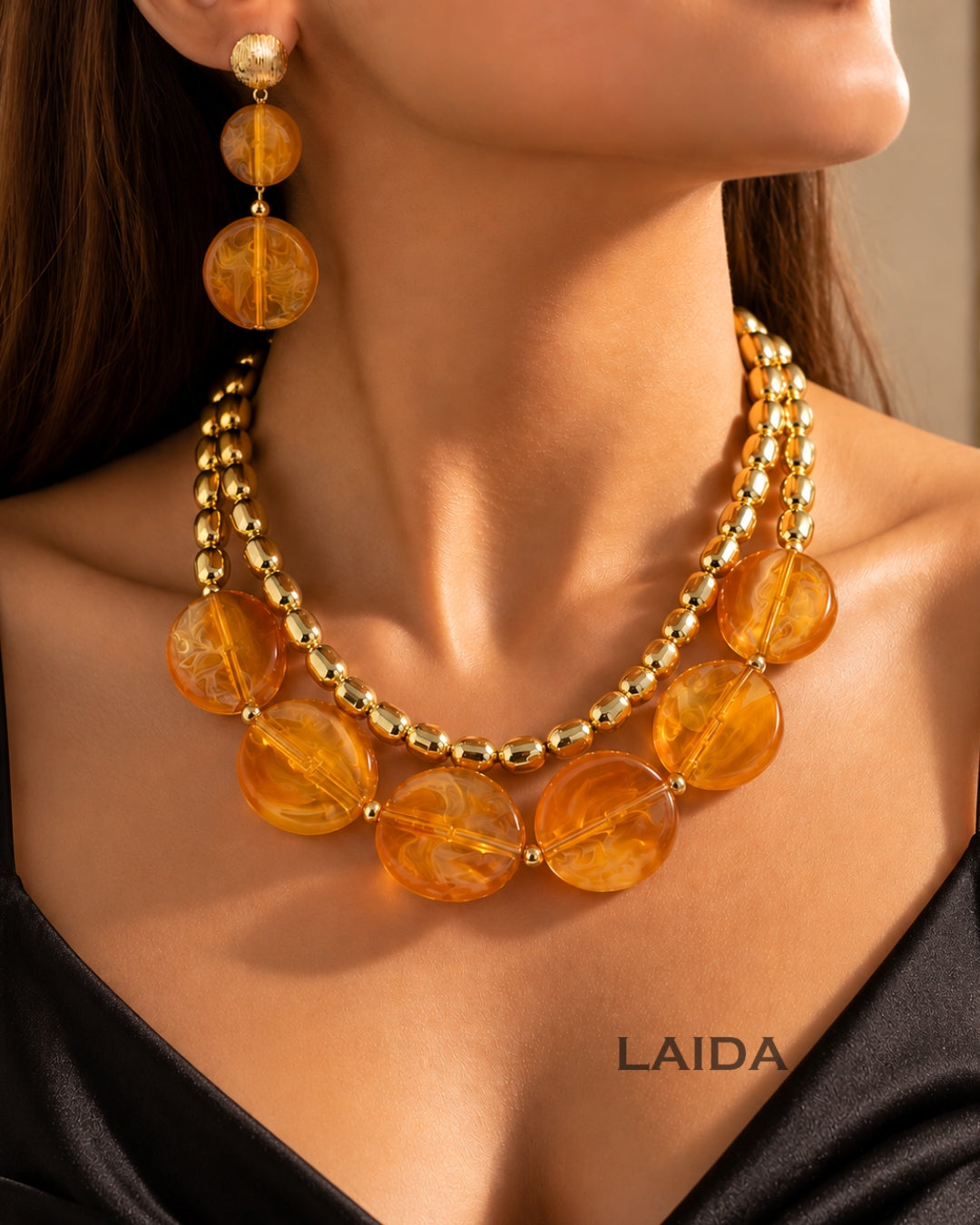 Resin Double Layer Brown Statement Necklace With Earrings
