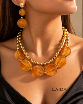 Resin Double Layer Brown Statement Necklace With Earrings