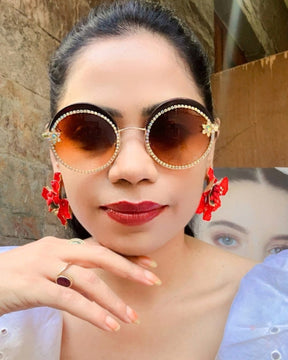 Brown Round Rhinestone Studded Sunglasses