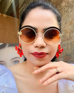 Brown Round Rhinestone Studded Sunglasses