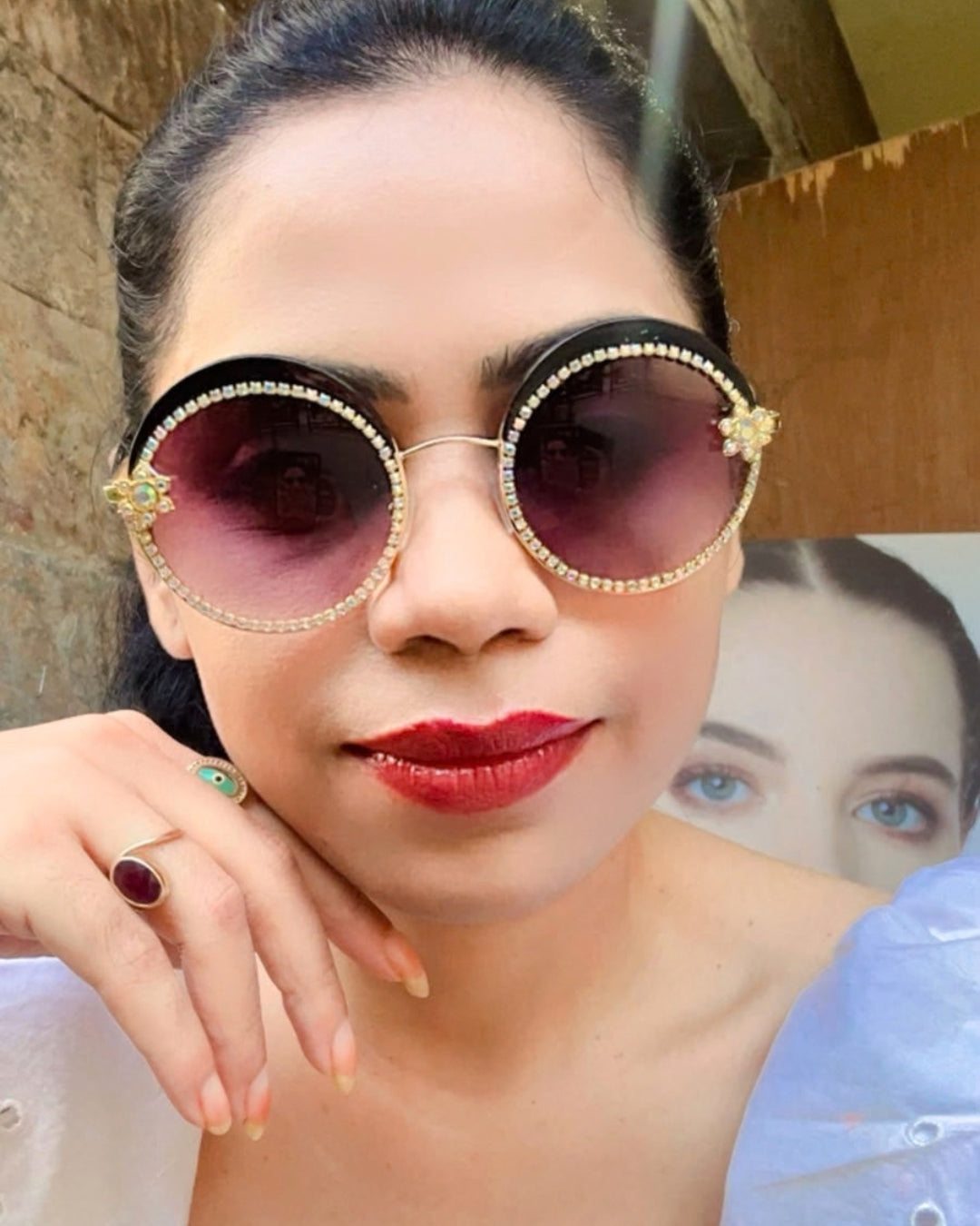 Purple Round Rhinestone Studded Sunglasses