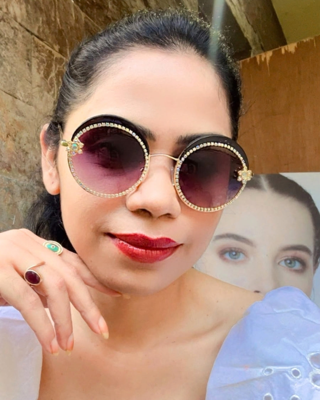 Purple Round Rhinestone Studded Sunglasses