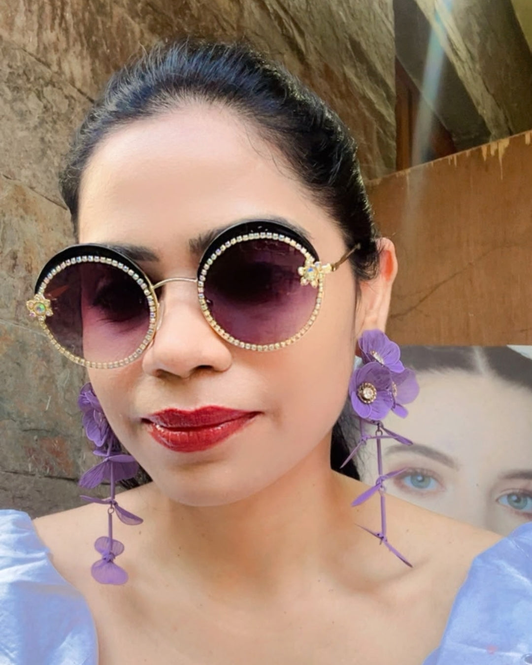 Purple Round Rhinestone Studded Sunglasses