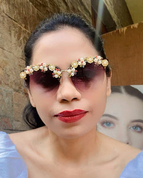 Purple Pearl Rhinestone Flower Studded Sunglasses