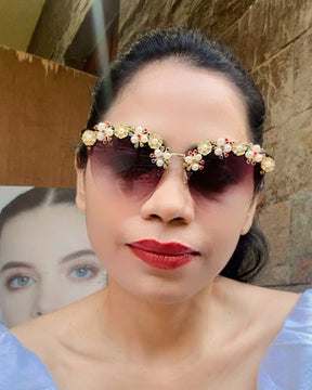 Purple Pearl Rhinestone Flower Studded Sunglasses