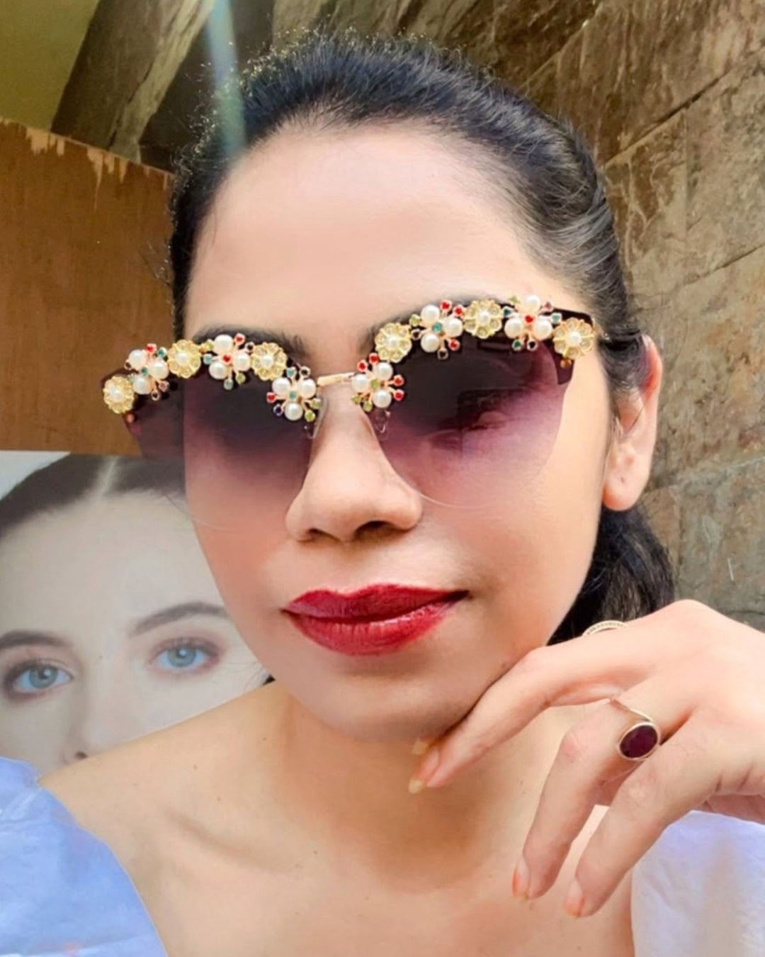 Purple Pearl Rhinestone Flower Studded Sunglasses