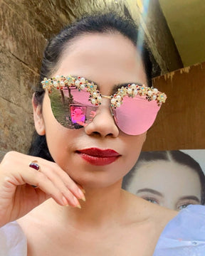 Rainbow Pearl Rhinestone Flower Studded Sunglasses