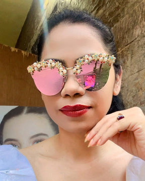 Rainbow Pearl Rhinestone Flower Studded Sunglasses