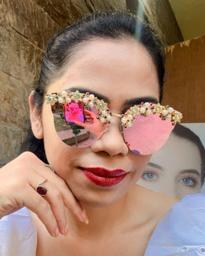 Rainbow Pearl Rhinestone Flower Studded Sunglasses
