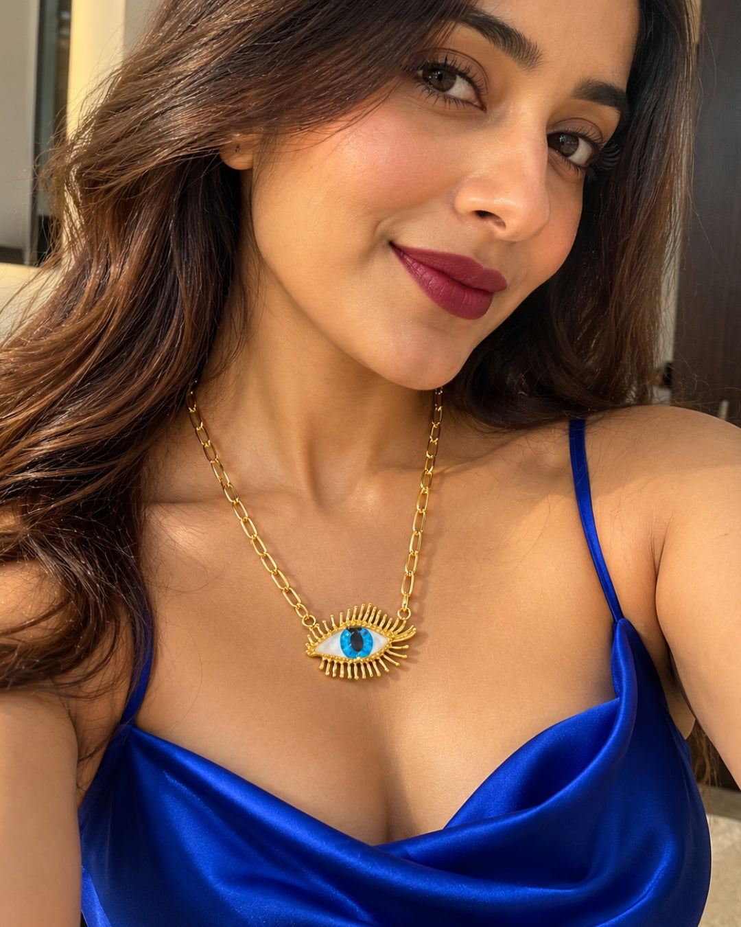 Vintage Blue Evil Eye Golden Lashes Pendant Necklace
