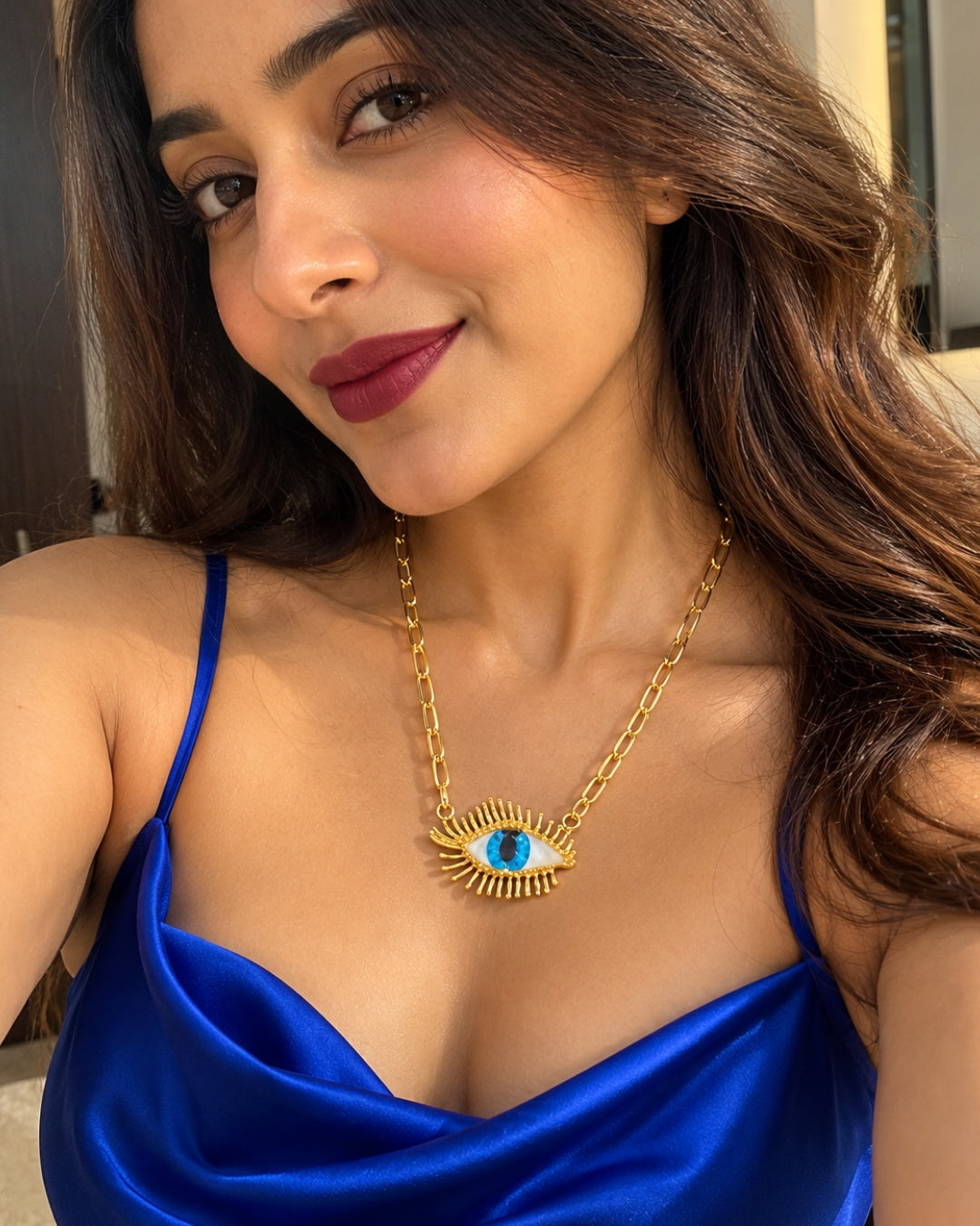 Vintage Blue Evil Eye Golden Lashes Pendant Necklace