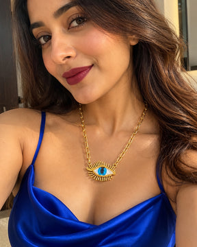 Vintage Blue Evil Eye Golden Lashes Pendant Necklace