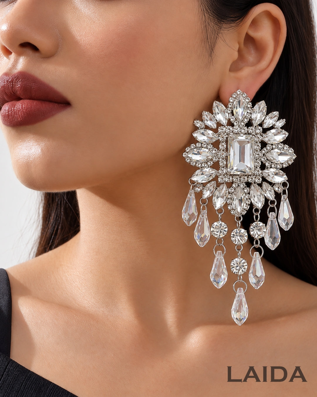 Flower Silver Glass Bead Tassel Drop Earrings