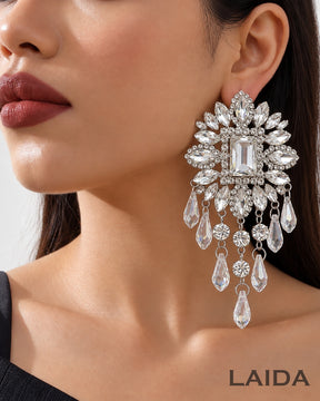 Flower Silver Glass Bead Tassel Drop Earrings