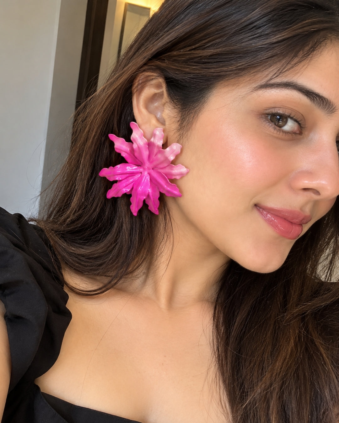 Pink Glossy Flower Stud Earrings