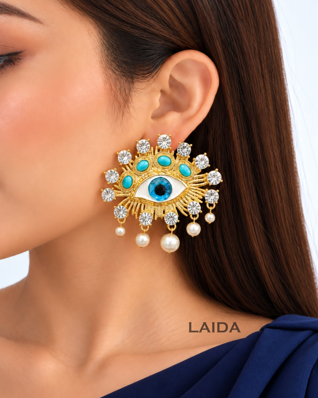 Vintage Blue Evil Eye Pearl Stud Earrings