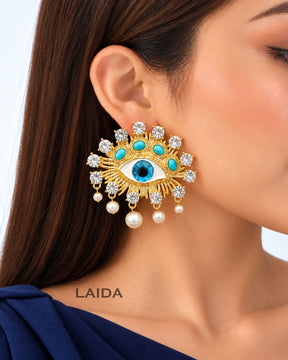 Vintage Blue Evil Eye Pearl Stud Earrings