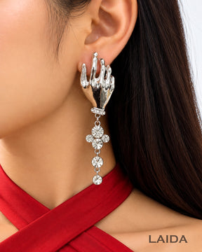 Silver Crystal Rhinestone Hand Drop Earring