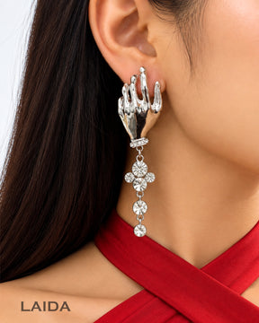 Silver Crystal Rhinestone Hand Drop Earring