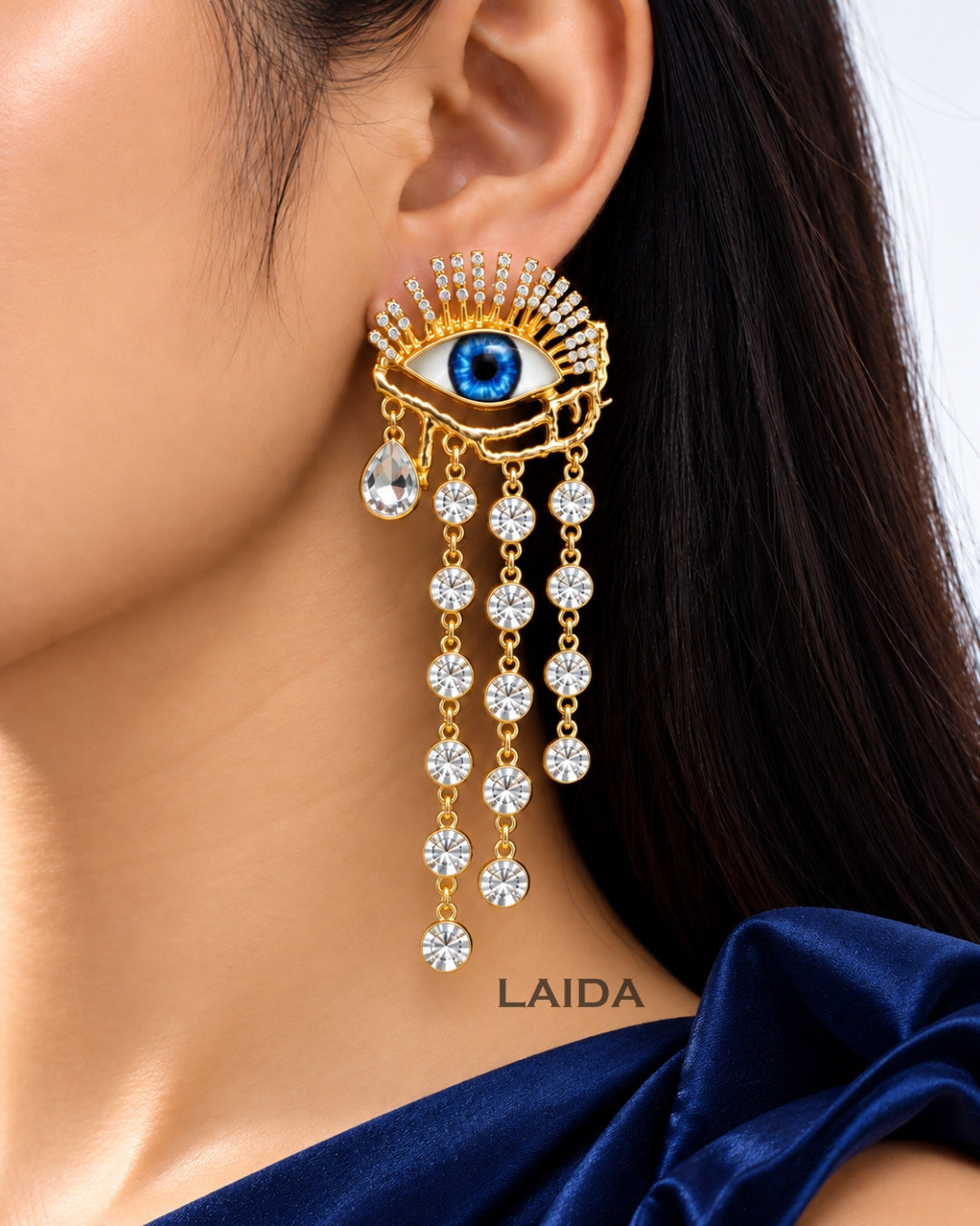 Retro Blue Evil Eye Crystal Rhinestone Tassel Drop Earrings