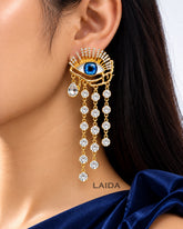 Retro Blue Evil Eye Crystal Rhinestone Tassel Drop Earrings