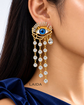 Retro Blue Evil Eye Crystal Rhinestone Tassel Drop Earrings