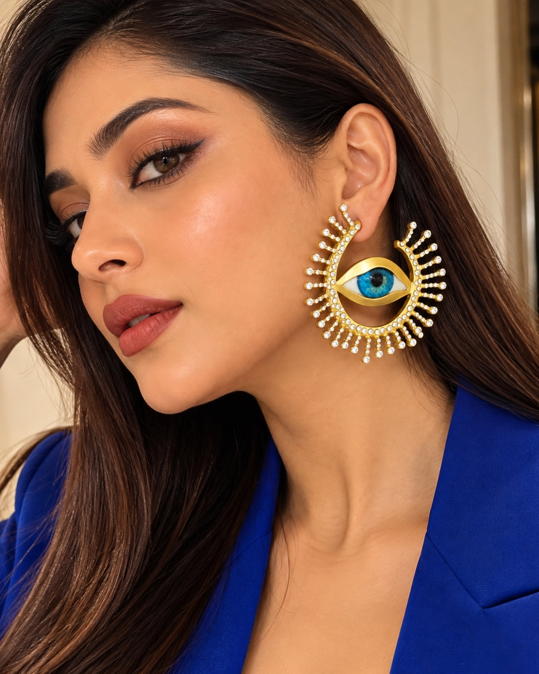 Vintage Big Blue Evil Eye Rhinestone Stud Earrings
