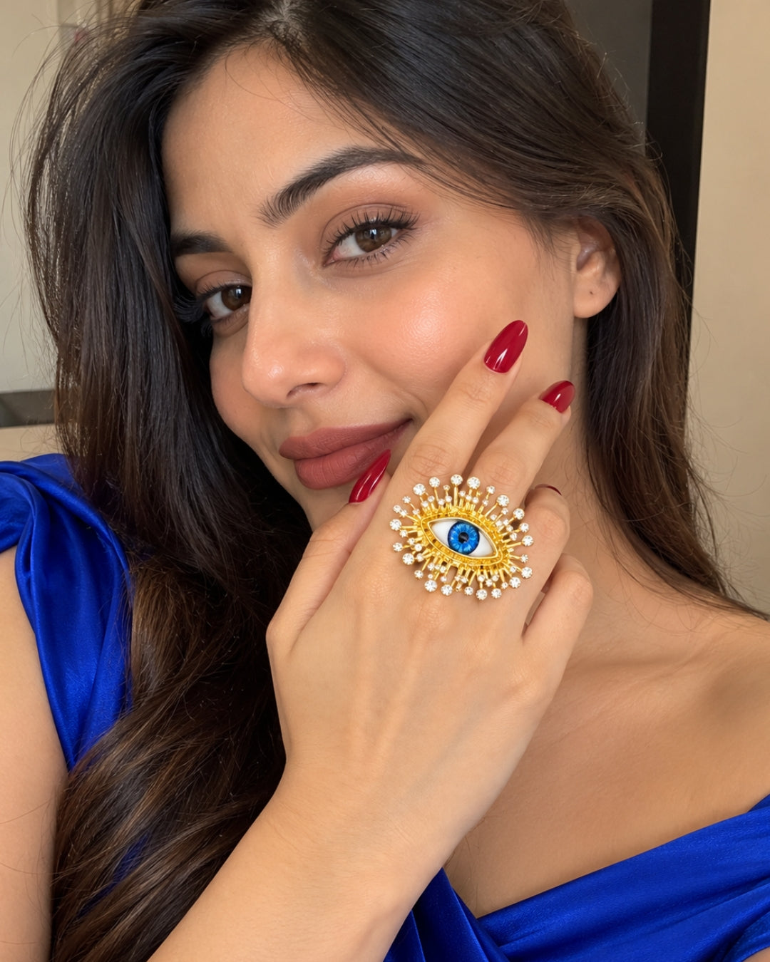 Golden Blue Evil Eye Crystal Finger Ring