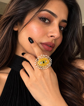 Golden Yellow Evil Eye Crystal Finger Ring