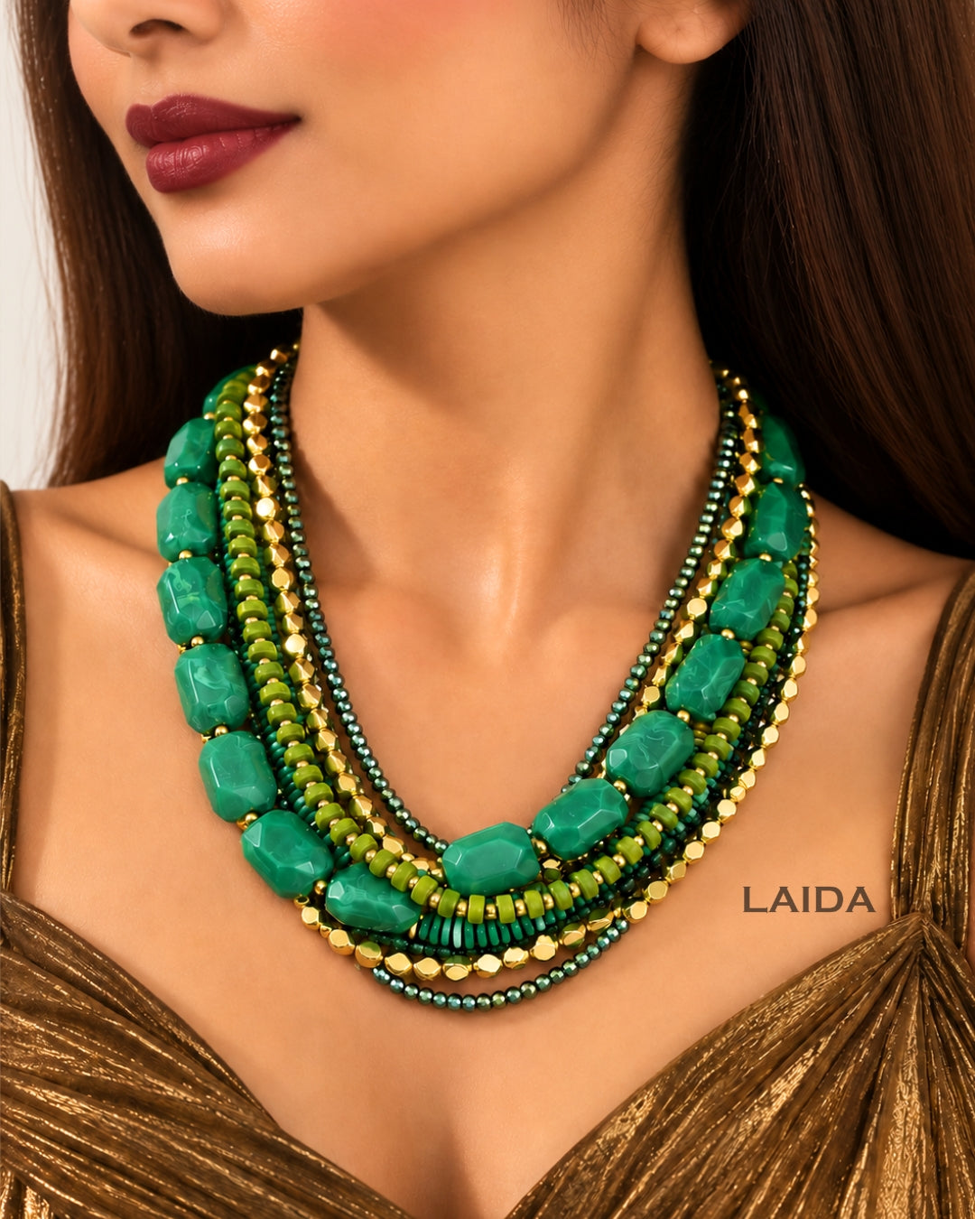 Green Multi Layered Beaded Necklace